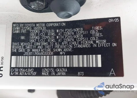 2006 Toyota 4Runner Limited V8 из США, поврежденный, VIN JTEBT17RX68030008